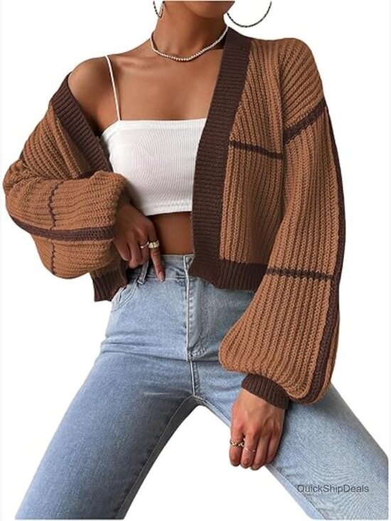 Sweaters - Color Block Crop Cardigan Bishop Long Sleeve Open Front Sweater